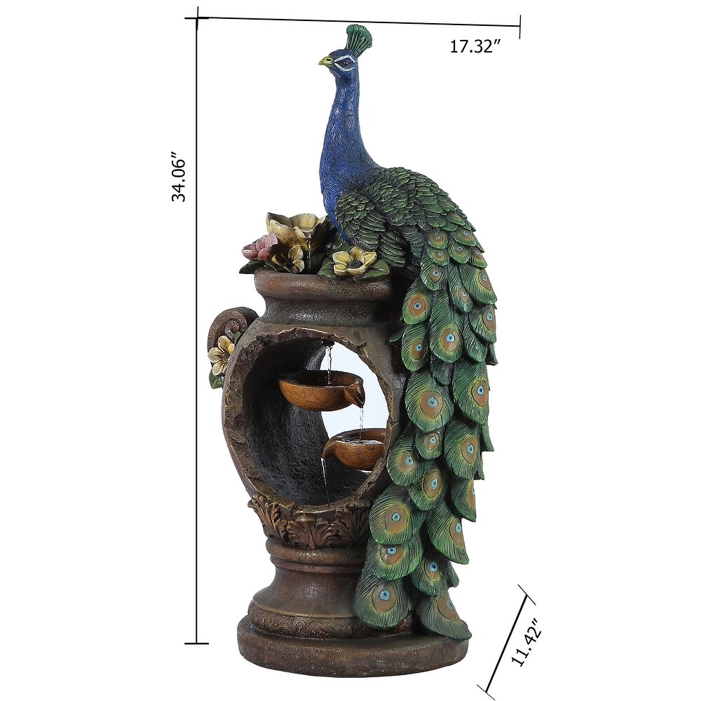 Resin Peacock and Urn Statue Outdoor Fountain with LED Lights