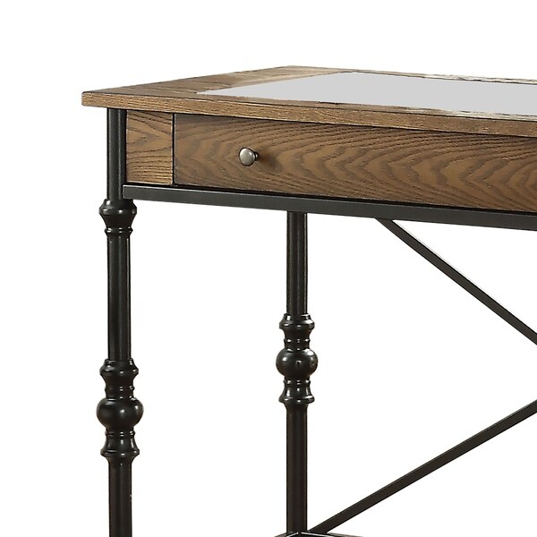 Wood and Metal Counter Height Table with One Large Drawer， Walnut and Black