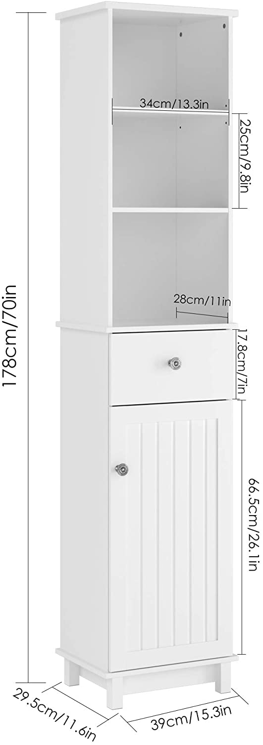 Homfa Slim Bathroom Tower with Door, 70 in Modern Wooden Organizer Rack with Adjustable Shelves and Drawer, White Finish