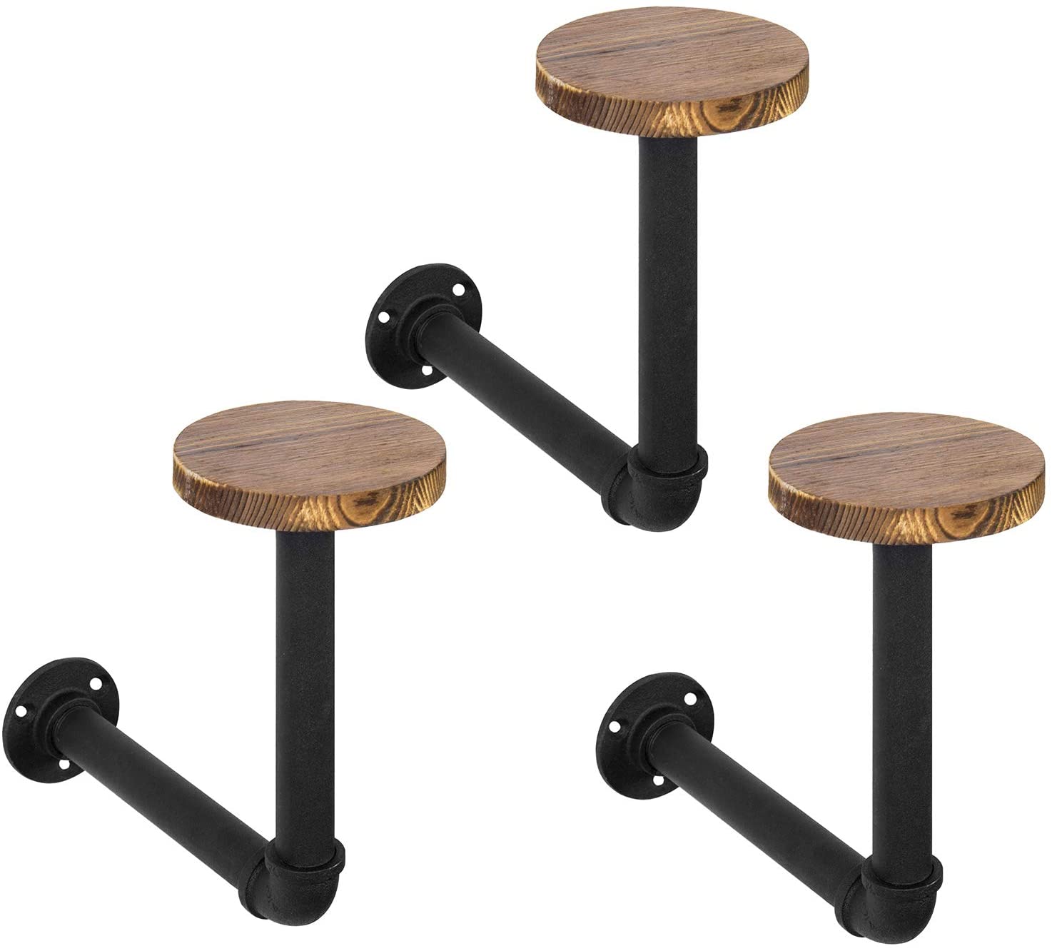 MyGift Set of 3 Black Metal Pipe and Rustic Brown Wood Wall Mounted Hat Racks