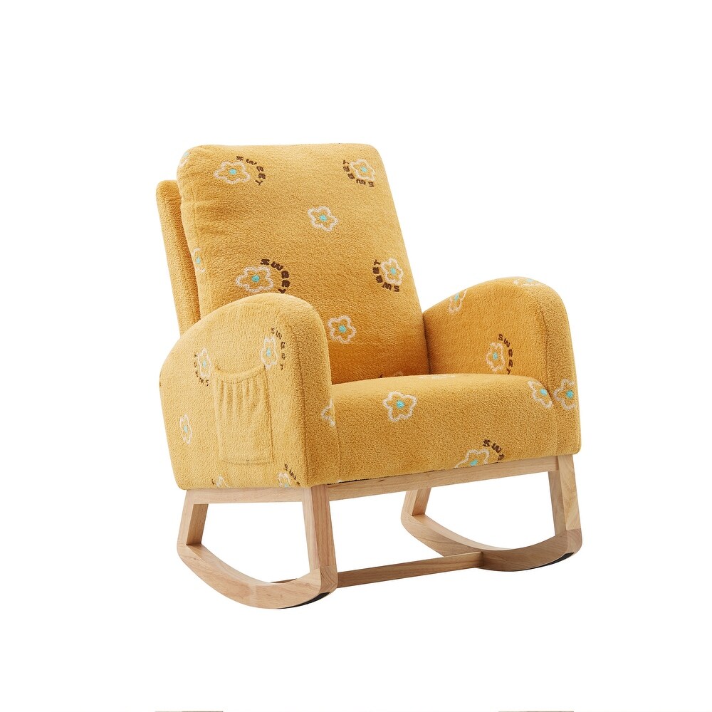 Modern Rocking Chair for Nursery  Mid Century Accent Rocker Armchair With Side Pocket  Upholstered High Back