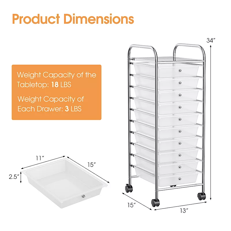 10 Drawer Rolling Storage Cart Organizer