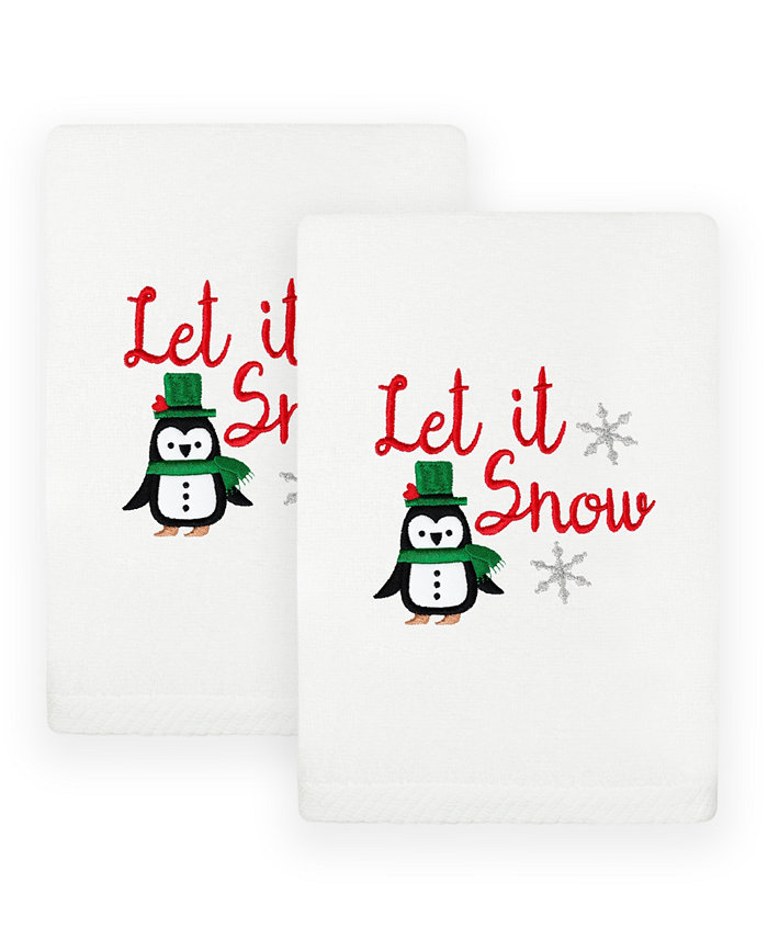 Linum Home Christmas Let It Snow Embroidered Luxury 100% Turkish Cotton Hand Towels 2 Piece Set