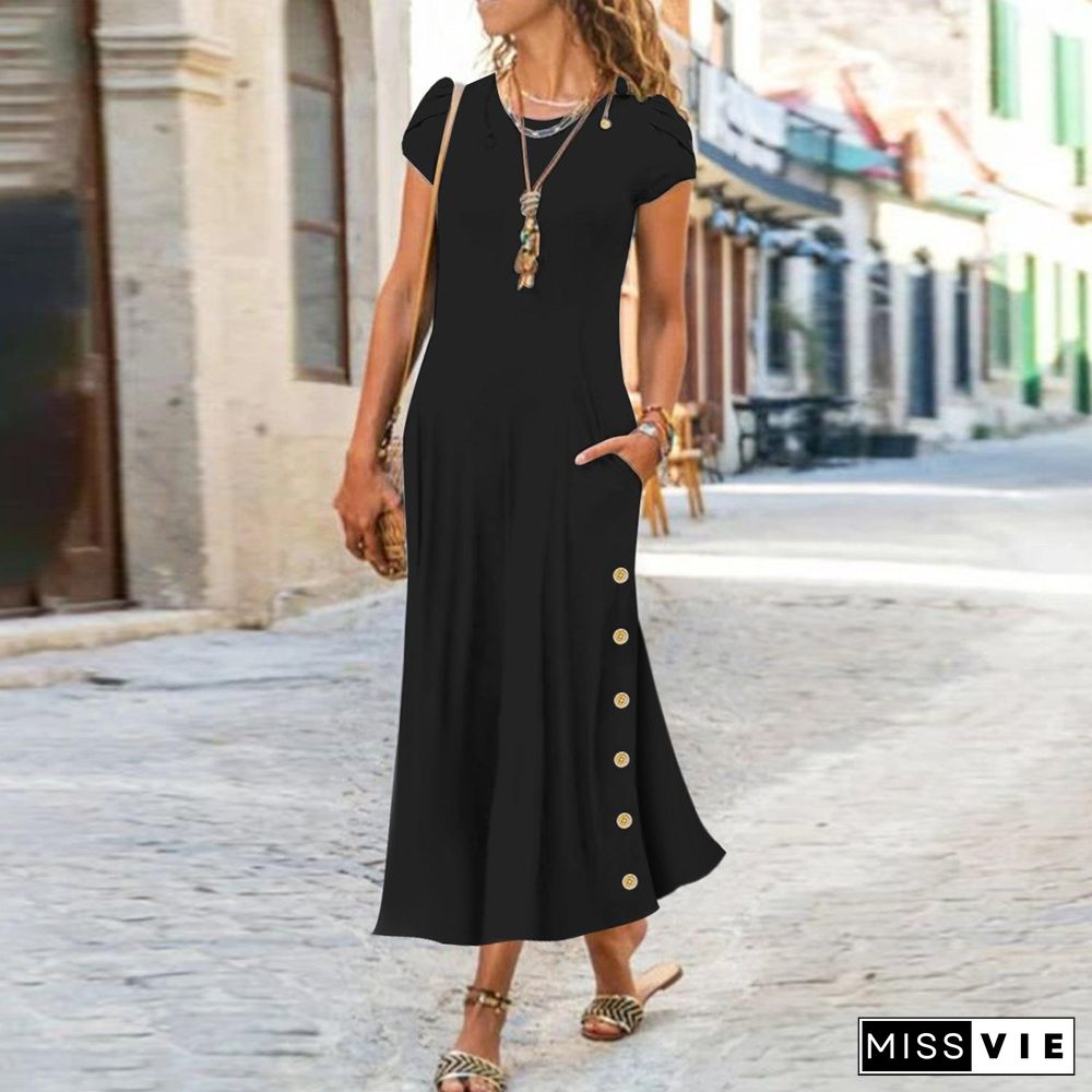 Trendy Plain Black Short Sleeve Maxi Dress