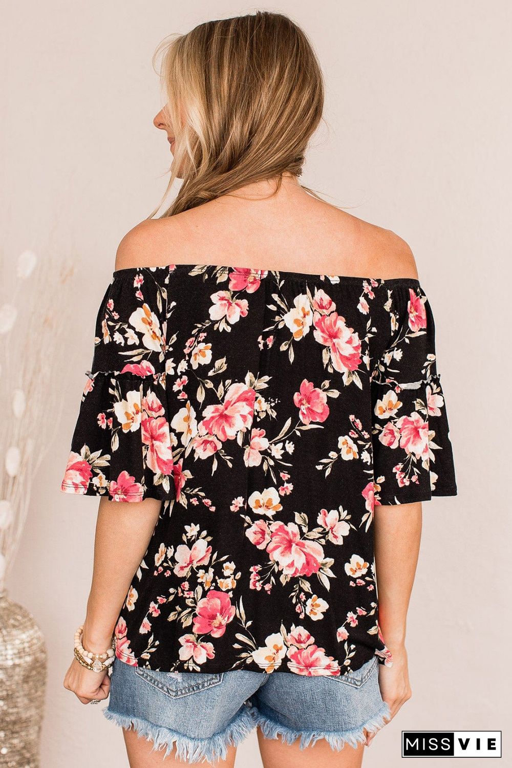 Black Floral Print Off Shoulder Plus Size Blouse