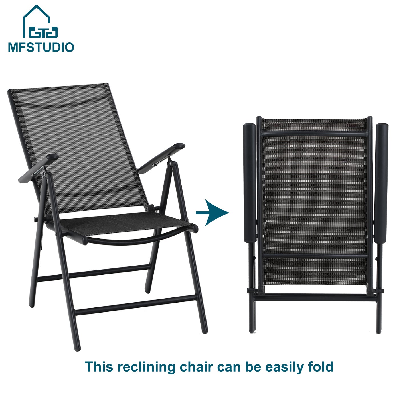 MF Studio Set of 2 Outdoor Patio Dining Chairs Aluminum Folding Recliner with 7 Backrest Angles&Textilene Seat, Black