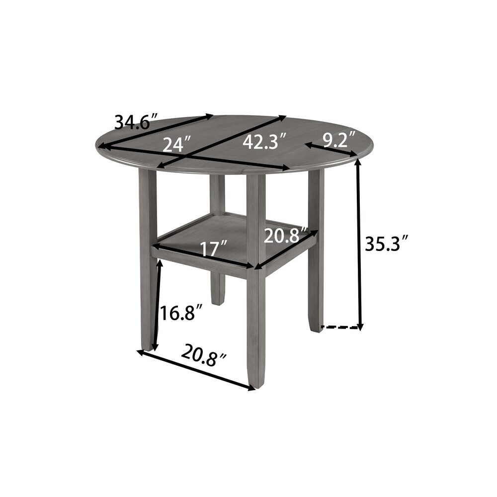 Round Counter Height Kitchen Dining Table with Drop Leaf and One Shelf