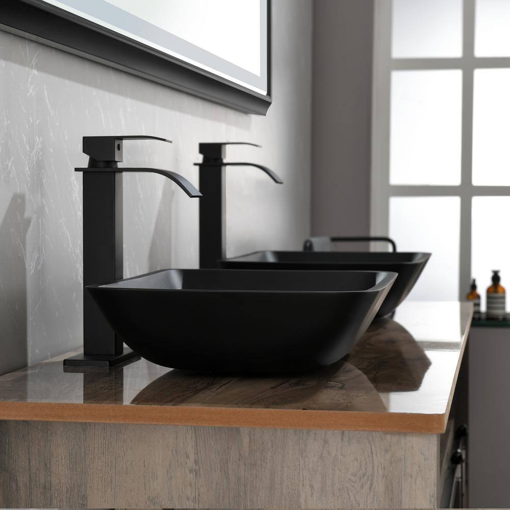 Interbath Matte Shell Glass Rectangular Vessel Bathroom Sink in Black with Faucet and Pop-Up Drain in Matte Black ITB110MB02