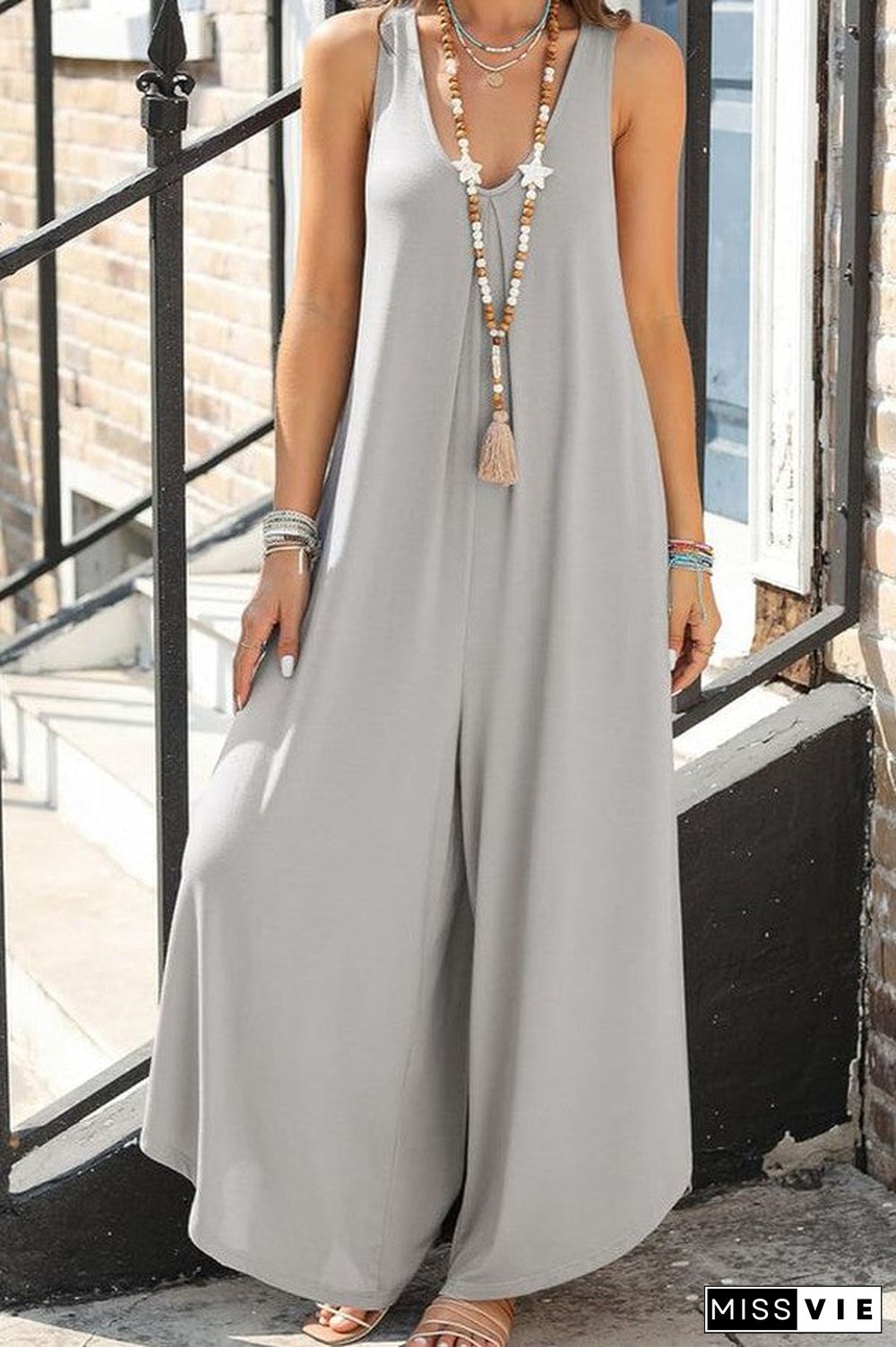 Baggy Grey Plain Sleeveless Jumpsuit