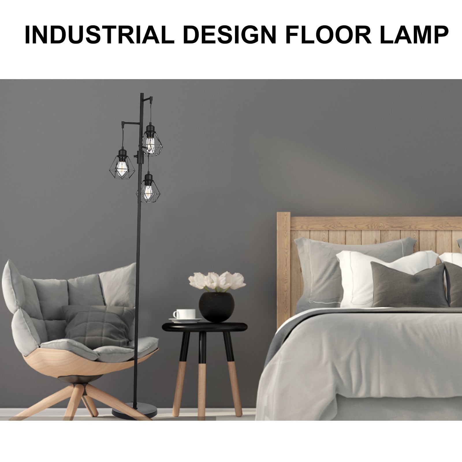 Dimmable Industrial Floor Lamp with 3 LED Bulbs Standing Lamp, Farmhouse Industrial Floor Lamp Standing Tree Lamp with Elegant Cage Shades Tall Lamps for Living Room Bedroom