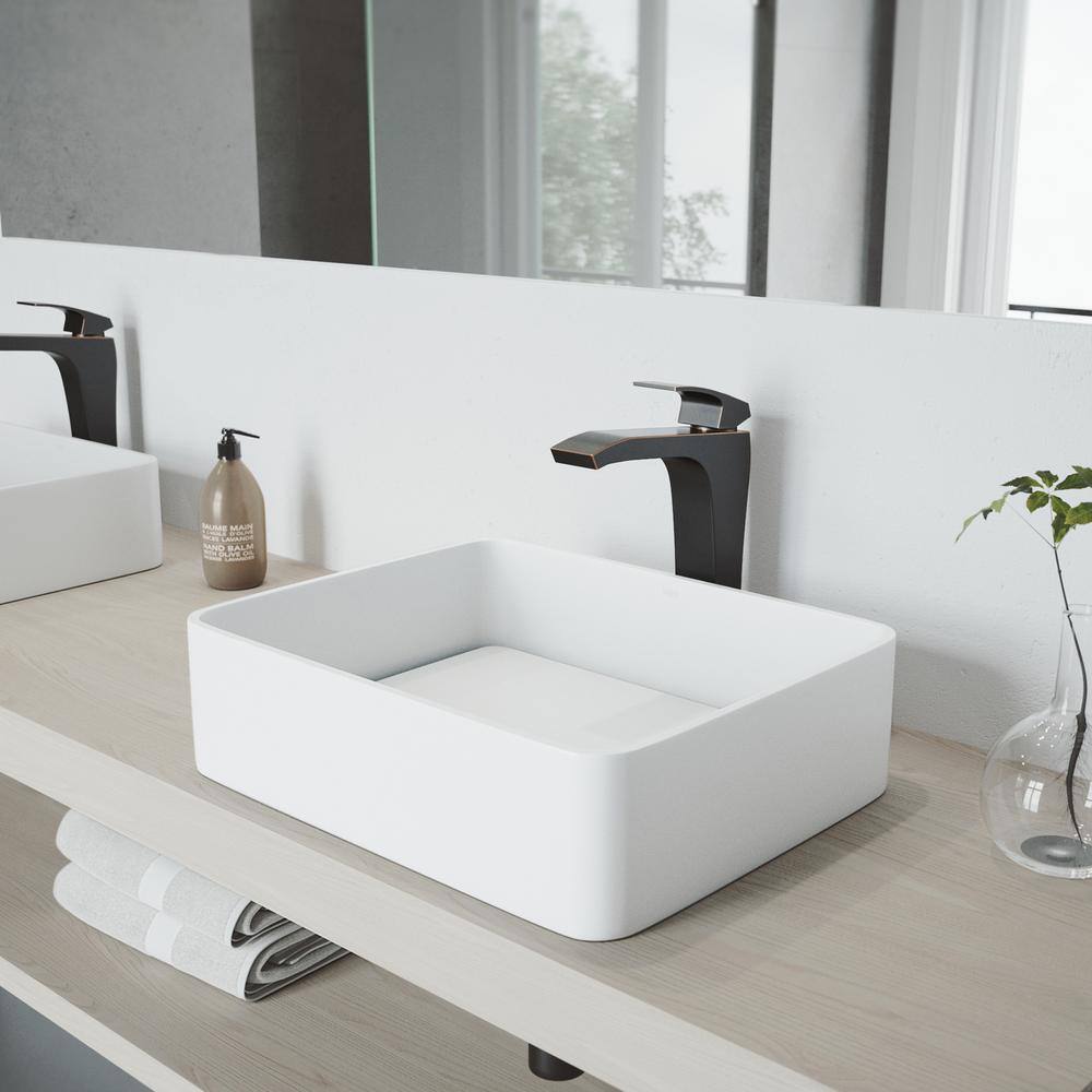 VIGO Jasmine Modern White Matte Stone 18 in. L x 15 in. W x 5 in. H Rectangular Vessel Bathroom Sink VG04013