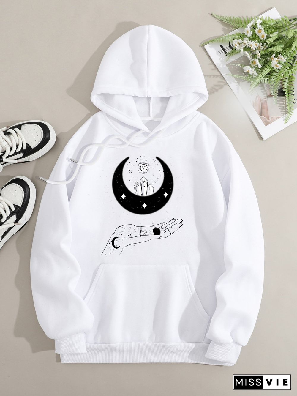 Printed on front Kangaroo Pocket Hoodie Long Sleeve for Women Pattern Sun and Moon Painting