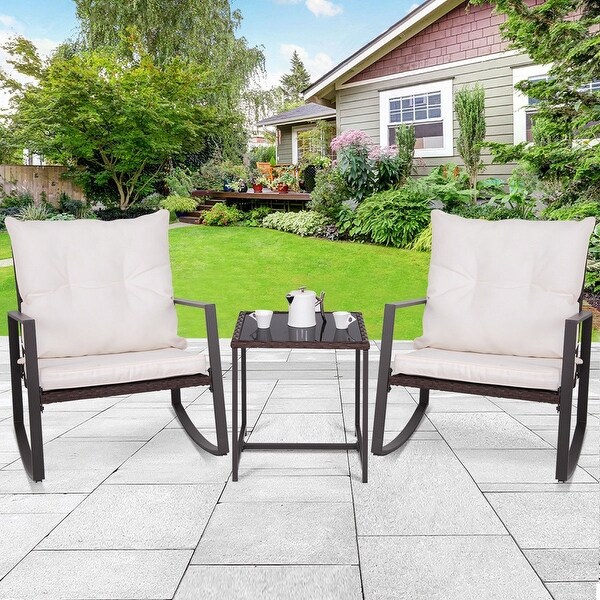 3 PCS Patio Rocking Wicker Bistro Set Outdoor Rattan Wicker Set w/ cushion