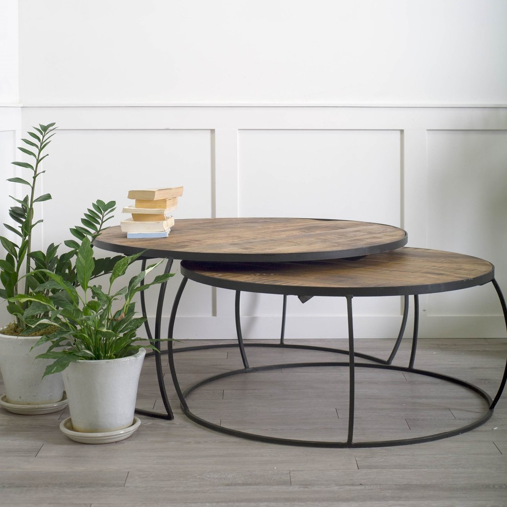 Clapp I  Set of 2  41 quot  38 quotBrown Wood Top Black Iron Base Nesting Coffee Tables   Industrial   Coffee Tables   by Mercana  Houzz