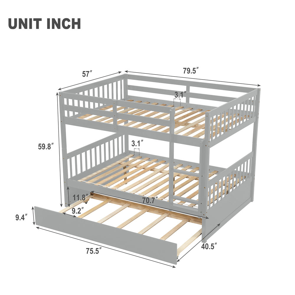 Full Over Full Bunk Bed with Trundle, Wood Bed Frame and Ladder with Guard Rails for Kids, Toddlers, Teens, Boys and Girls, Gray