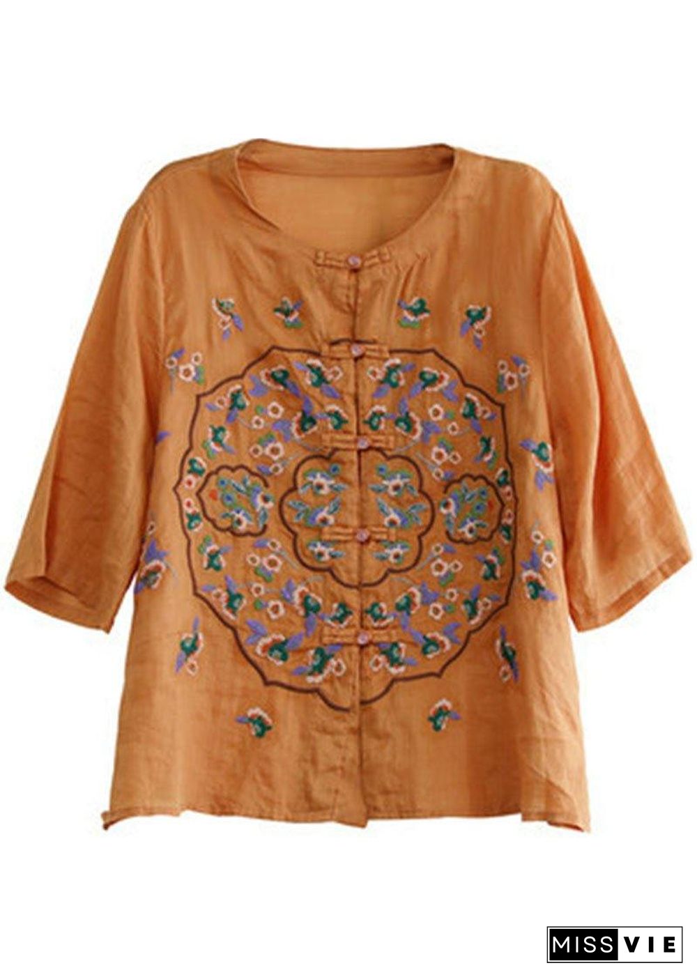 Plus Size Orange Embroideried Oriental Ramie Top Summer