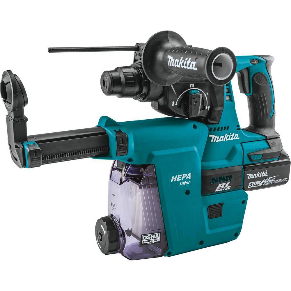 Makita 18V 5.0 Ah LXT Lithium-Ion Brushless 1 in. Cordless Rotary Hammer Kit Accepts SDS-PLUS HEPA Dust Extractor Attachment XRH011TWX