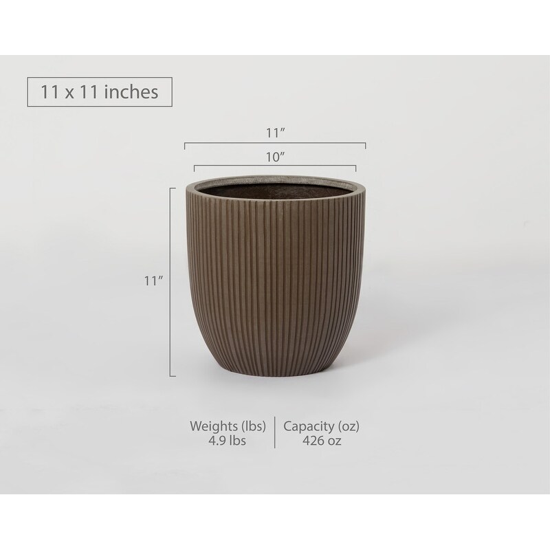 Indoor/Outdoor Large Nordic Minimalist Fiberstone Lightweight Round Planter Pot With Grooves   14  13  11 inch Matte Finish