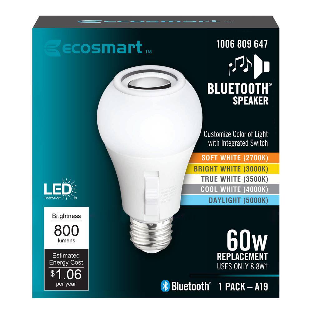 EcoSmart 60-Watt Equivalent A19 CEC Bluetooth Speaker LED Light Bulb with Selectable Color Temperature (1-Pack) BTOM605CCTCAESM