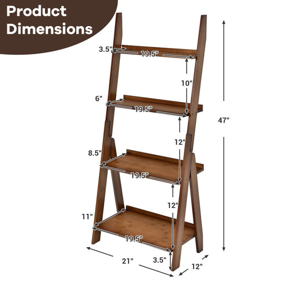 Costway 39246085 4 Tier Bamboo Ladder Shelf Bookca...