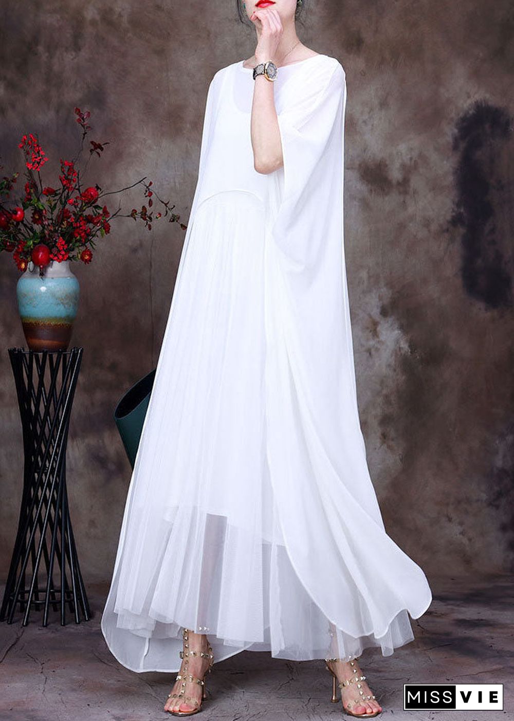 Bohemian White O-Neck asymmetrical design Chiffon Cloak Dress Batwing Sleeve