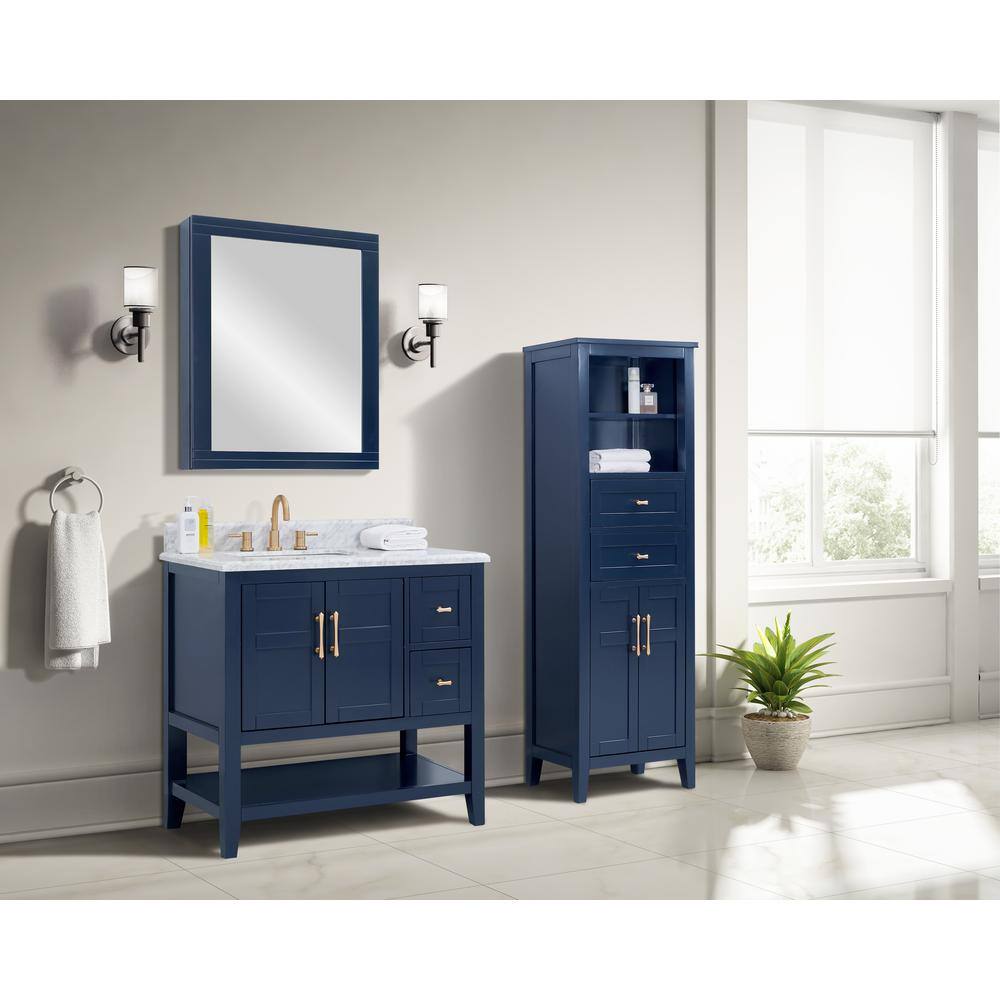 Home Decorators Collection Sturgess 37 in. W x 22 in. D x 35 in. H Open Shelf Vanity in Navy Blue with White Marble Vanity Top 19111S-VS37C-NB