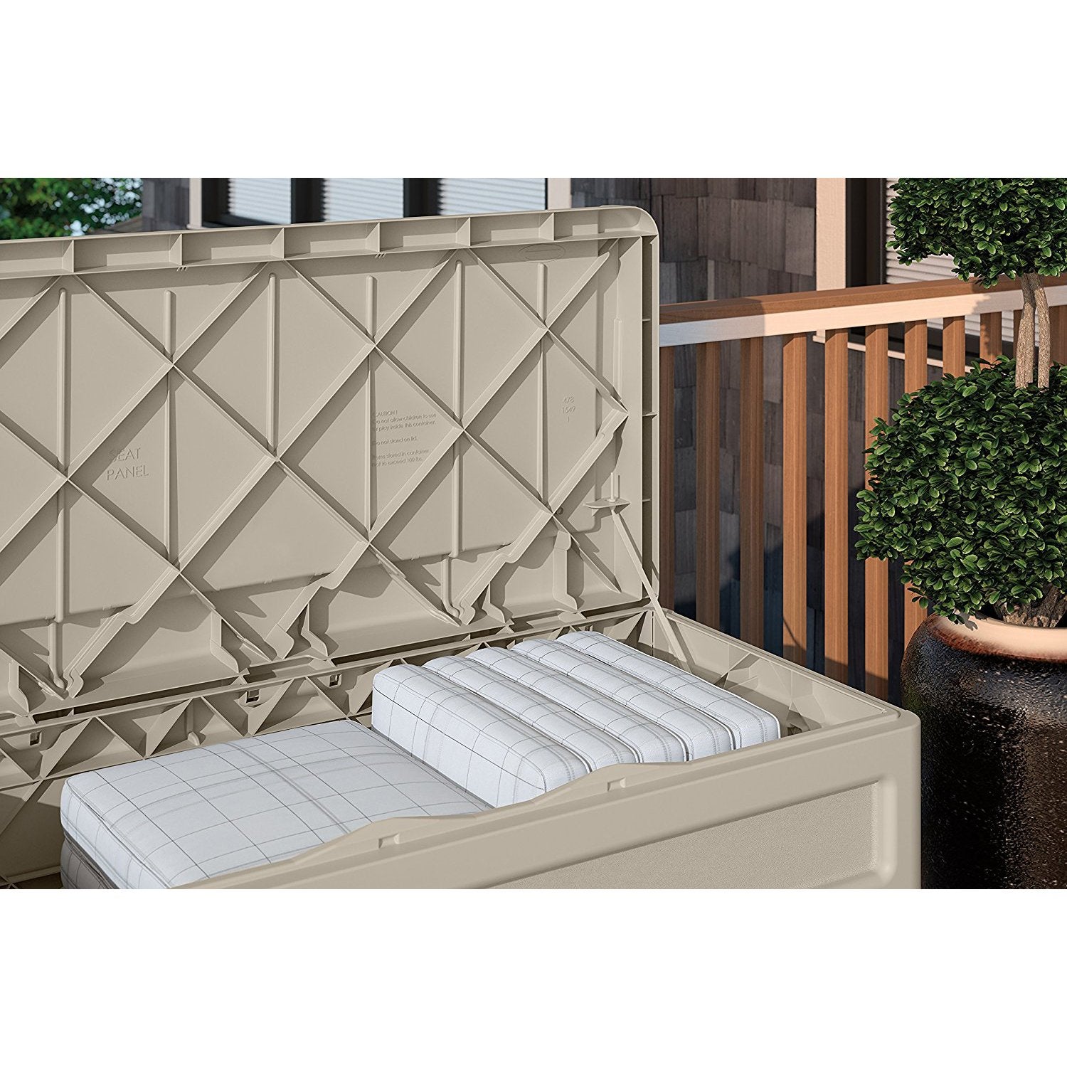 Suncast 73 Gallon Resin Deck Box with Seat, Light Taupe