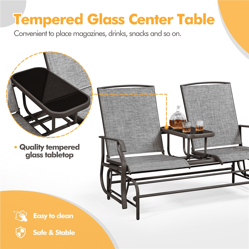 Topeakmart 2-Seater Outdoor Glider Bench with Tempered Glass Tabletop Texteline Fabric and Steel Construction, Gray