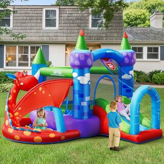 Gymax Kids Inflatable Bounce House Dragon Jumping Slide Bouncer Castle with 750-Watt Blower GYM04948