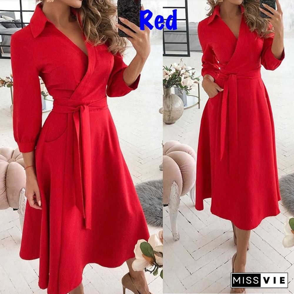 Women Fashion V-neck Print Summer Dress Belt Lace Up Party A Line Prom Dress Long Sleeve Tunic Dress Ladies Casual Dress