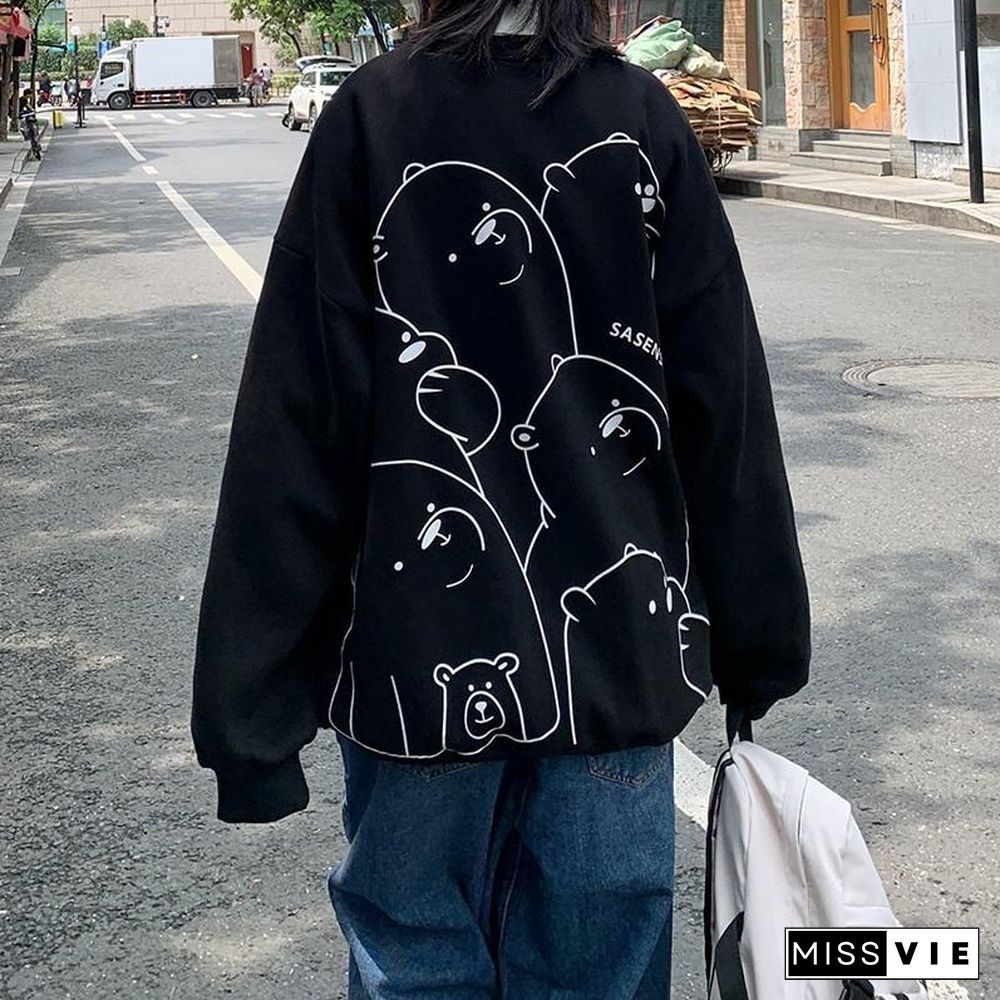 Women'S Sweatshirt Spring Kpop Loose Long-Sleeved Coat Student Cartoon Print Top Harajuku Style Female Jacket Bluza Damska