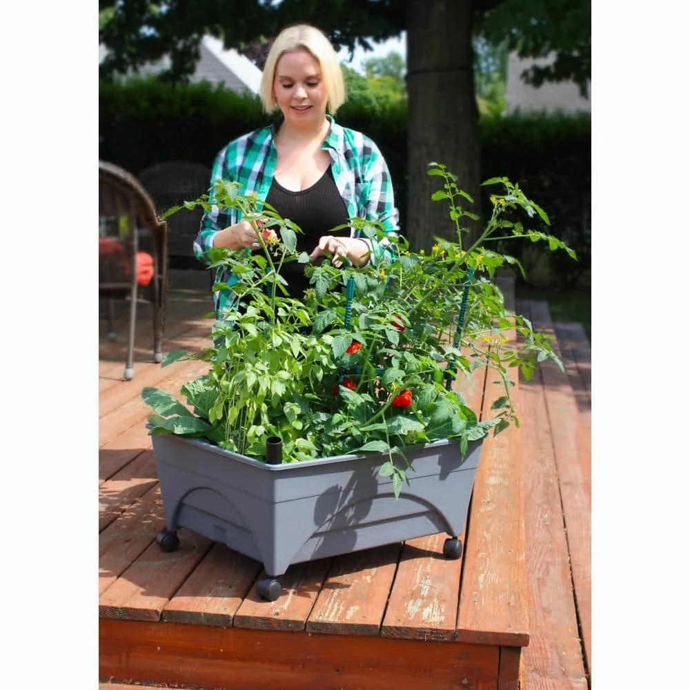 CITY PICKERS 24.5 in. x 20.5 in. Charcoal Gray Plastic Patio Raised Garden Bed Kit with Watering System and Casters