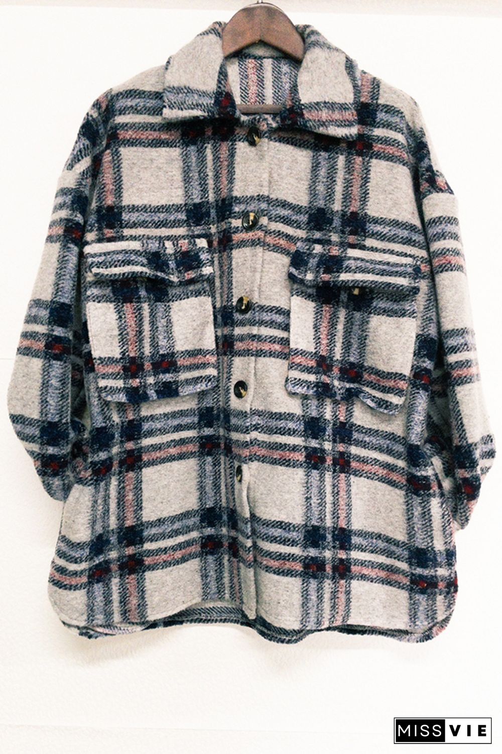 Plaid Pockets Open Button Oversize Jackets