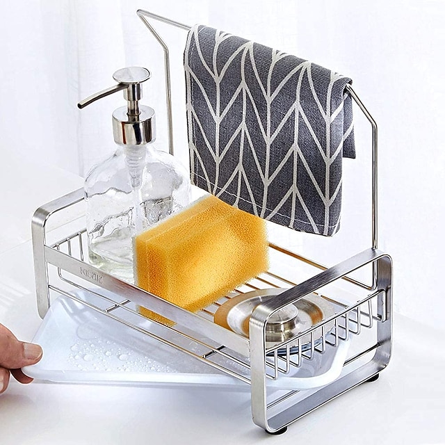 Stainless Steel Sponge Holder with Dishcloth Drying Rack Kitchen Sink Organizer Caddy Tray Sponge Brush Soap Holder Set with Removable Drain Tray for Kitchen