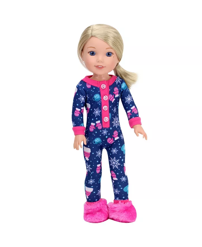 Teamson Kids - 14.5 Doll - Girl Winter Print One Piece Pajama Hot Pink Slippers Set  2 Piece