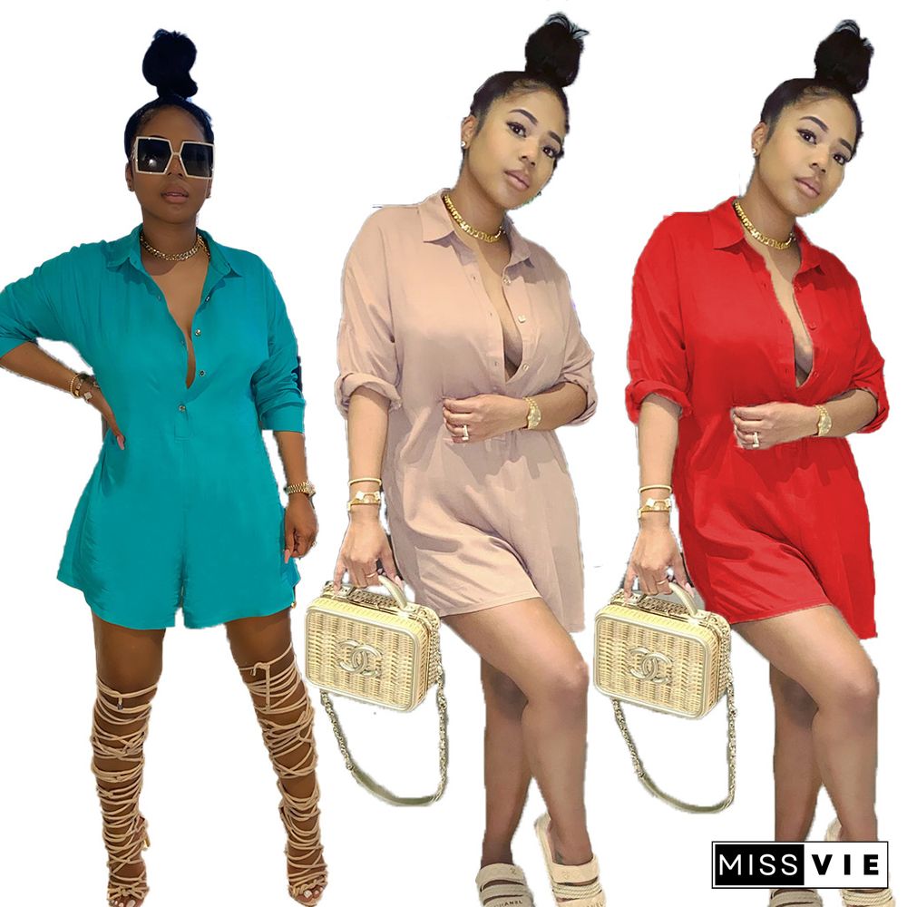 Sexy Solid Color Long Sleeve High Waist Loose Shirt Romper