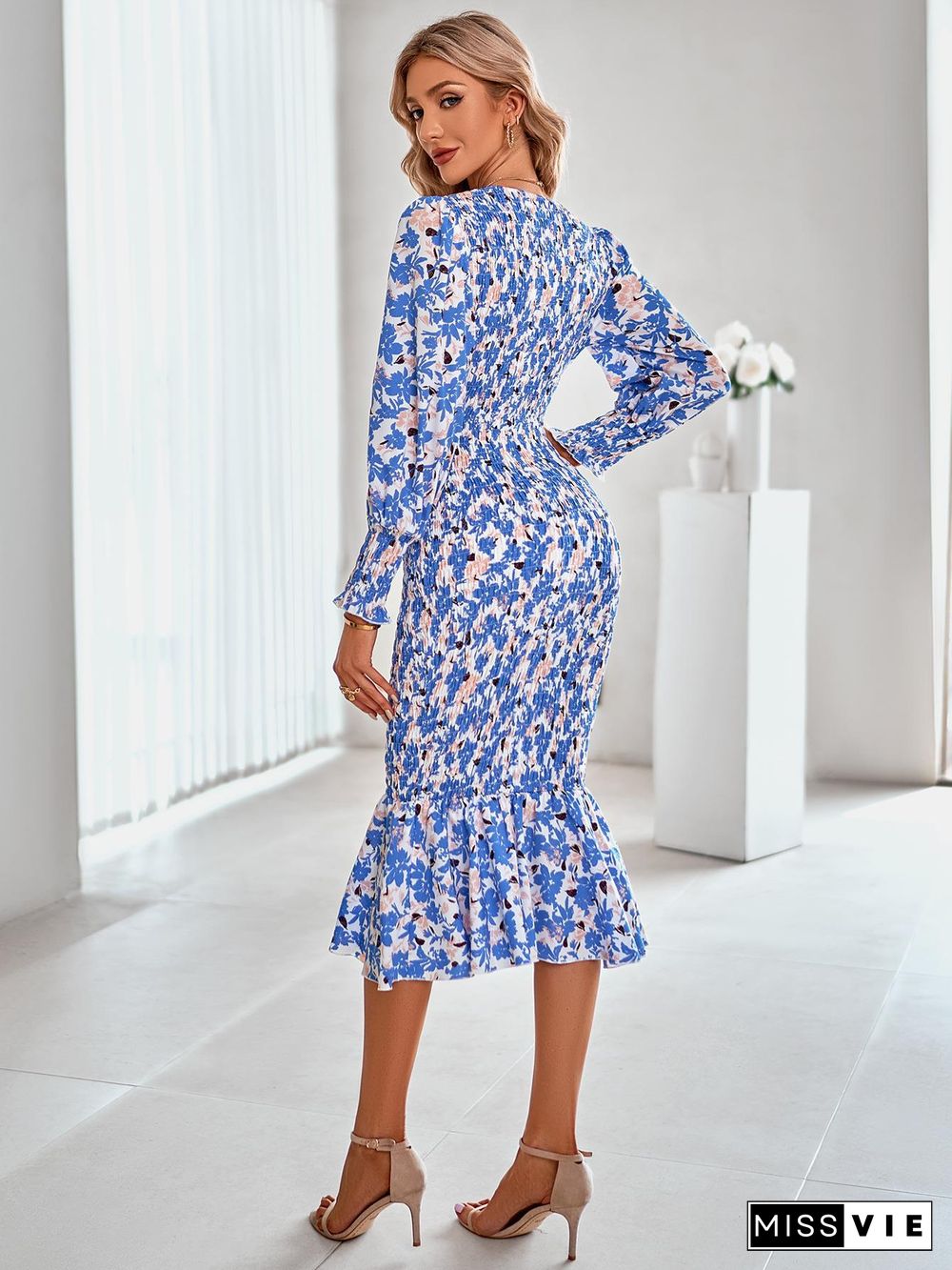 Wrap V Neck Pleated Fishtail Puffy Sleeves Midi Floral Dress