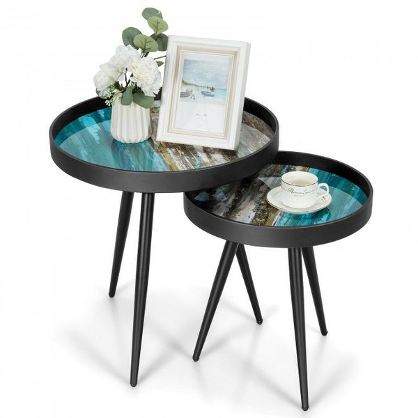 Set of 2 Stylish Nesting End Tables with Wooden Tray Top and Steel Legs-Black - 19.5(φ) x 21(H); 15.5(φ) x 17.5(H)