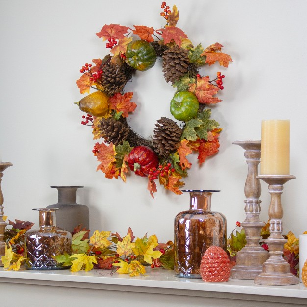 Northlight Leaves Pine Cones And Pumpkins Artificial Fall Harvest Wreath 20 inch Unlit