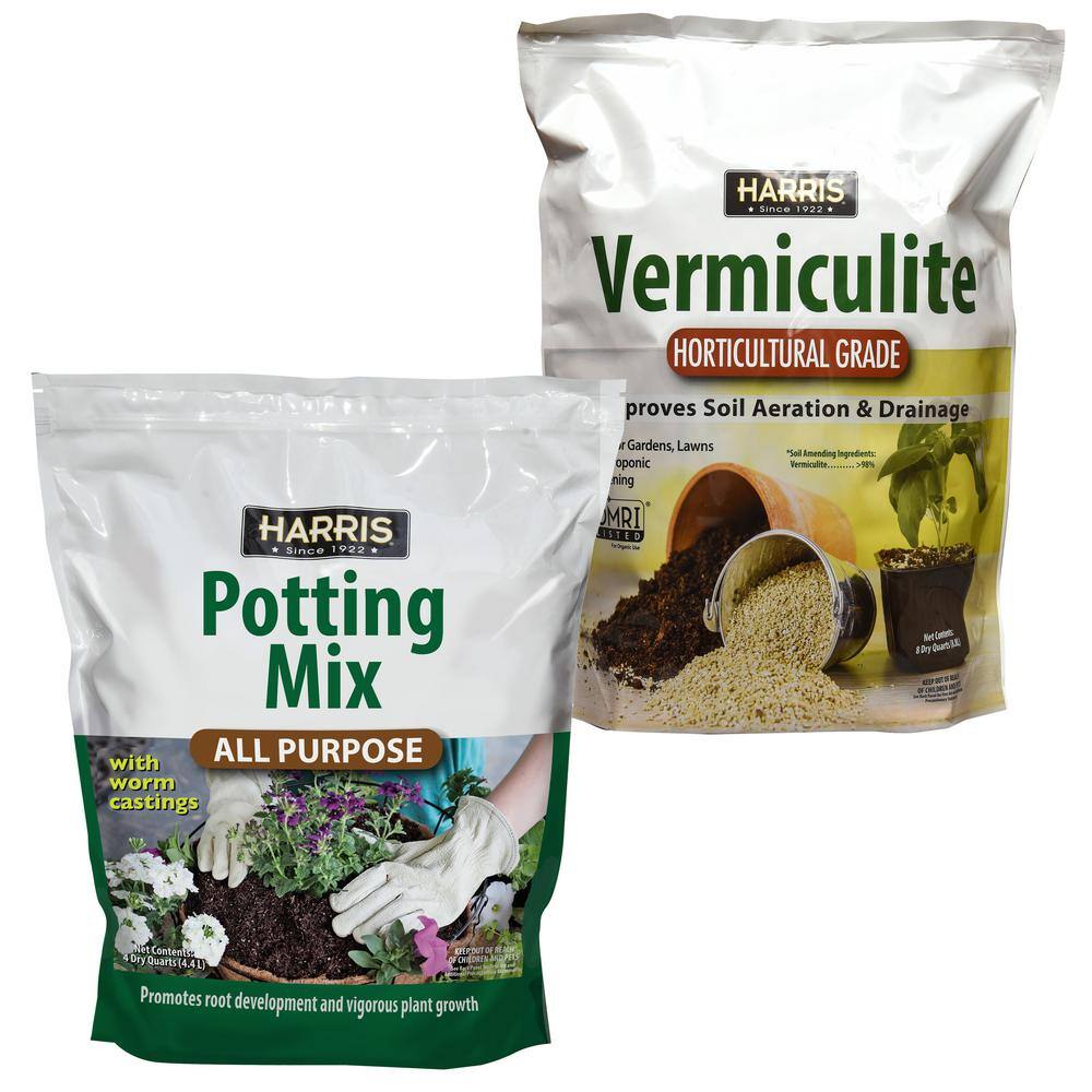 Harris 8 Qt. Premium Horticultural Vermiculite for Indoor Plants and 4 Qt. All Purpose Potting Soil Mix with Worm Castings VERM-SOIL4