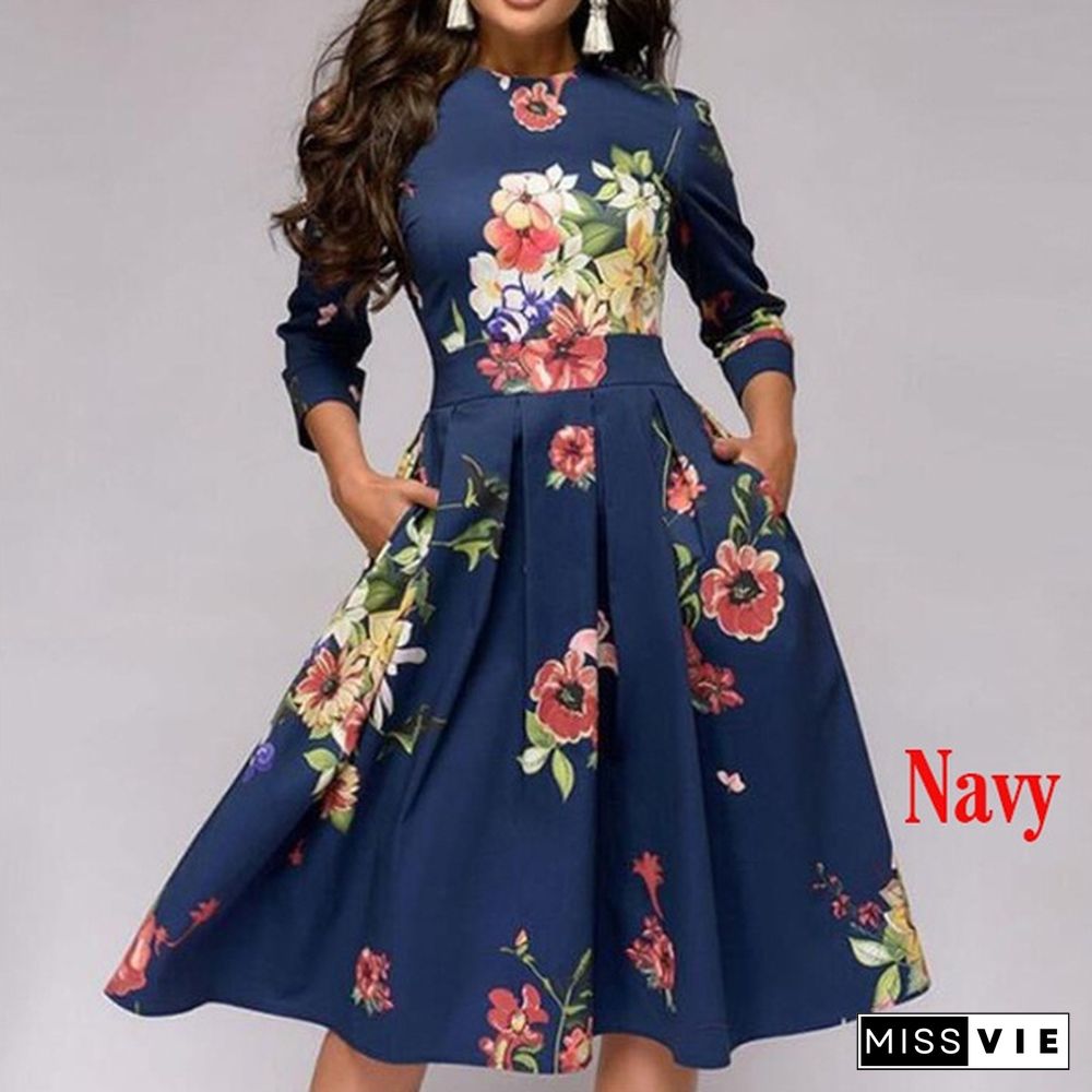 Women Elegent A-line Dress Vintage printing party vestidos Three Quarter Sleeve women Spring Dress(No Pockets)