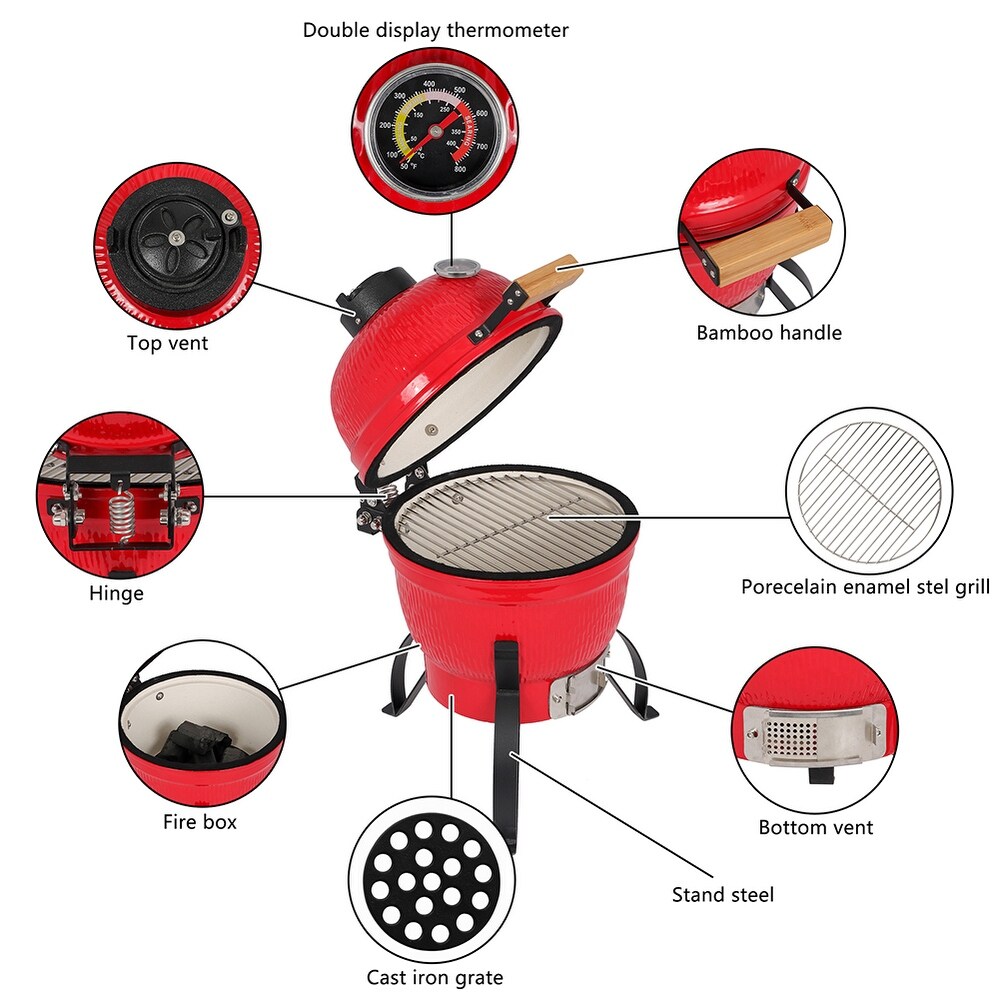 13in Round Ceramic Charcoal Grill Red