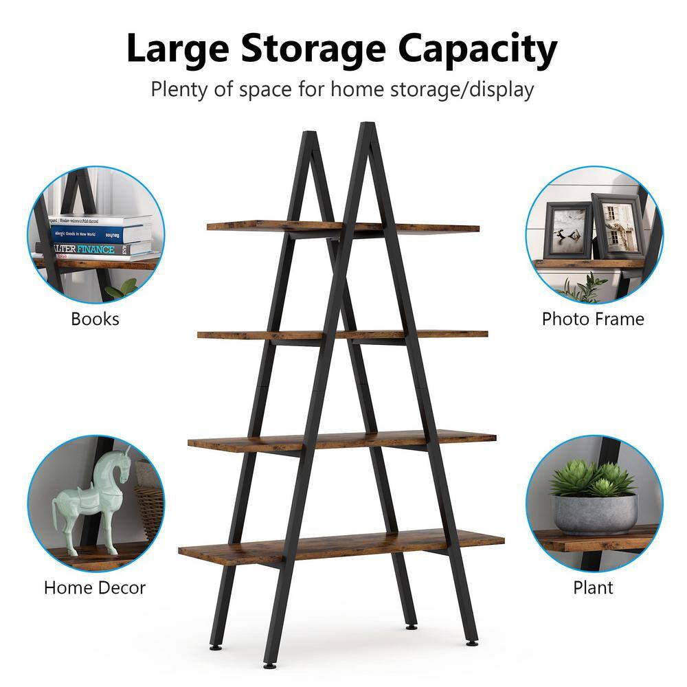 BYBLIGHT Eulas 65 in. Rustic Brown Wood 4-Shelf Ladder Bookcase A-Shaped Bookcase Leaning Plant Stand Storage Rack BB-U0033GX