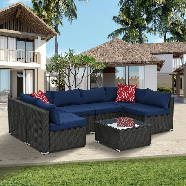 7Pcs Outdoor Sectional Furniture Set，AllWeather PE Rattan Sectional Sofa Conversation Set w/ Coffee Table and Washable Cushions