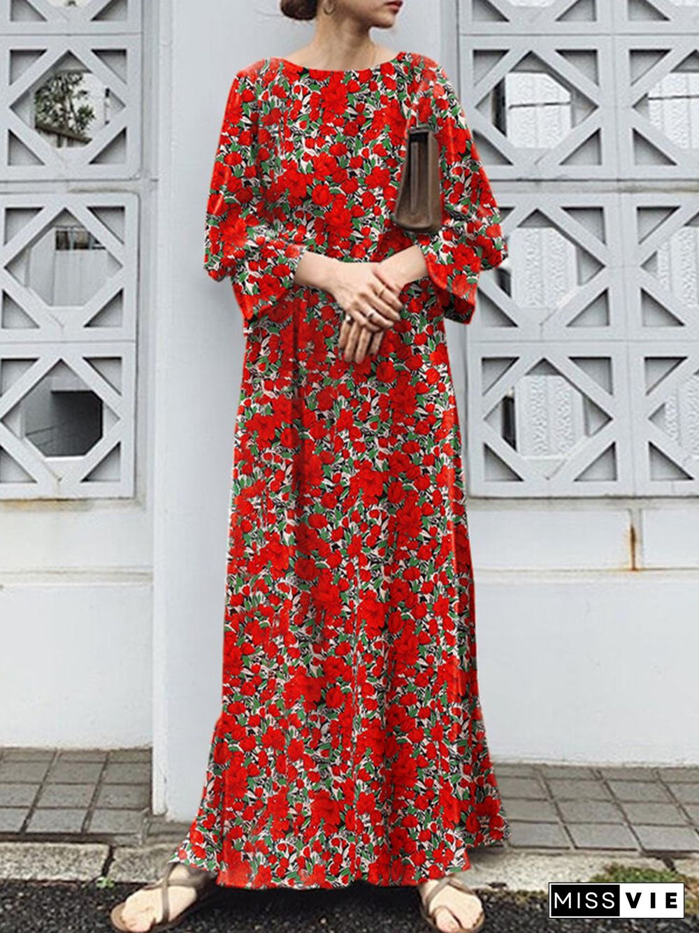 Floral Print Slit Long Bell Sleeve Crew Neck Maxi Dress