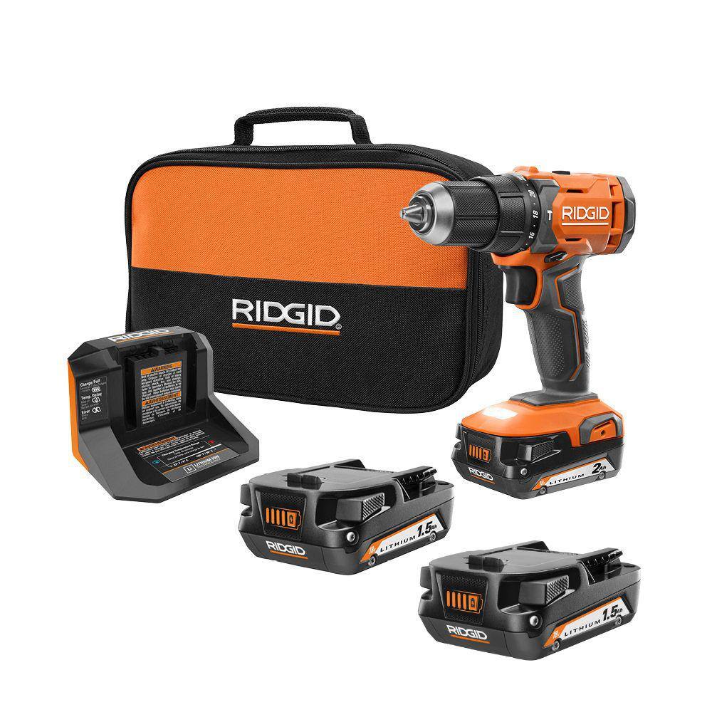 RIDGID 18V Cordless 12 in. DrillDriver Kit with 2.0 Ah Battery Charger and 18V 1.5 Ah Lithium-Ion Battery (2-Pack) R86001K-AC870015PN