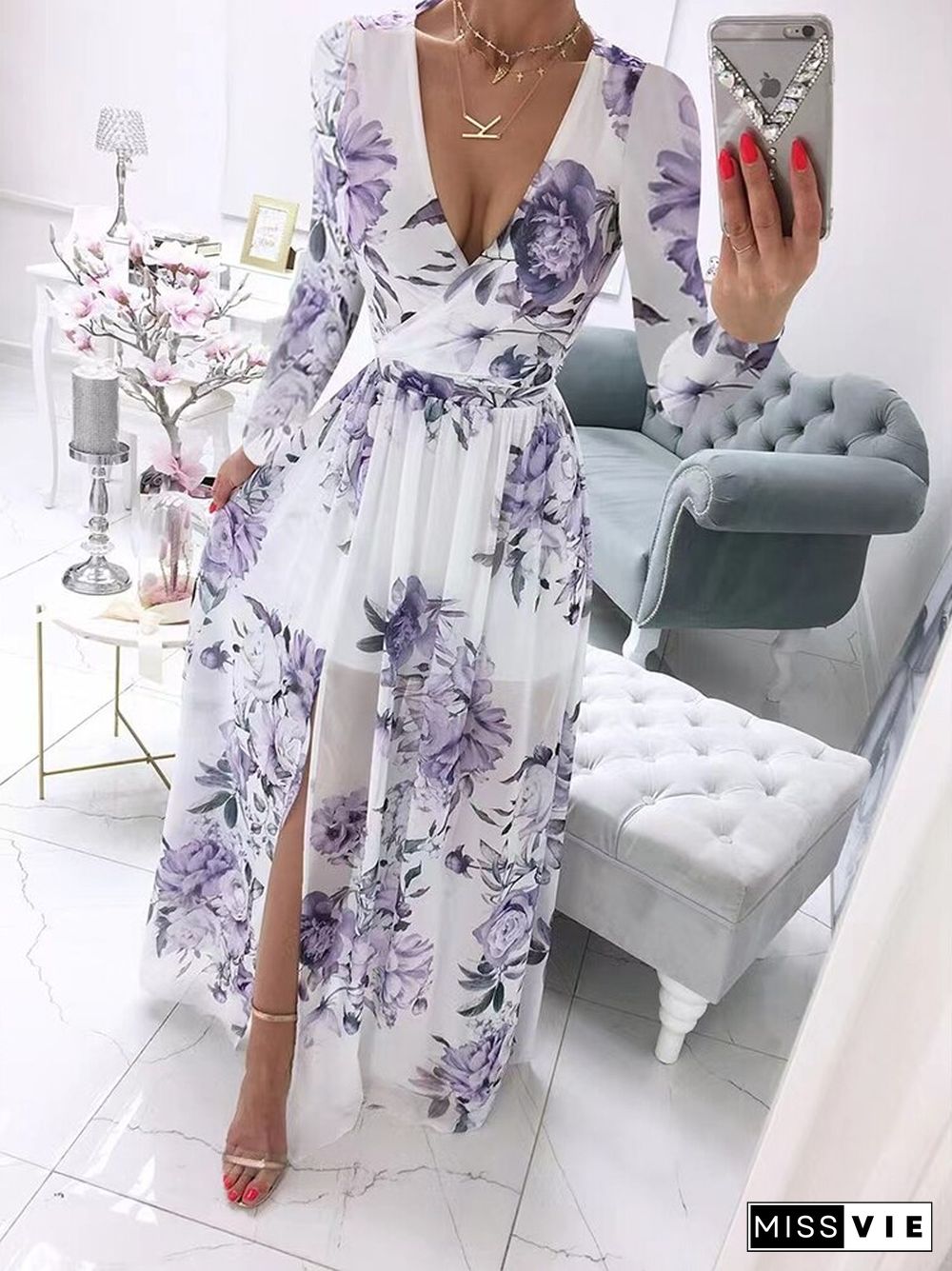 Spring Fashion Floral Print Long Party Dress Ladies Elegant V Neck Long Sleeve Split Dress Sweet Temperament Office Ladies Dress