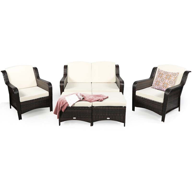 5 Pcs Rattan Wicker Patio Furniture Set with Loveseat, Single Sofas & Ottomans, Outdoor Conversation Sets