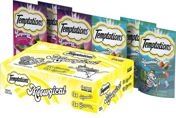 Temptations Meowgiccal Purricorn and Meowmaid Variety Pack Adult Cat Treats， 3-oz pouch， 6 count