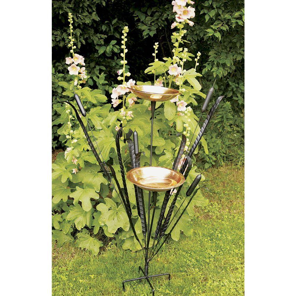 ACHLA DESIGNS CTBB-01 50 in. Tall Copper Double Cattail Birdbath with 2 Bowls and Stake